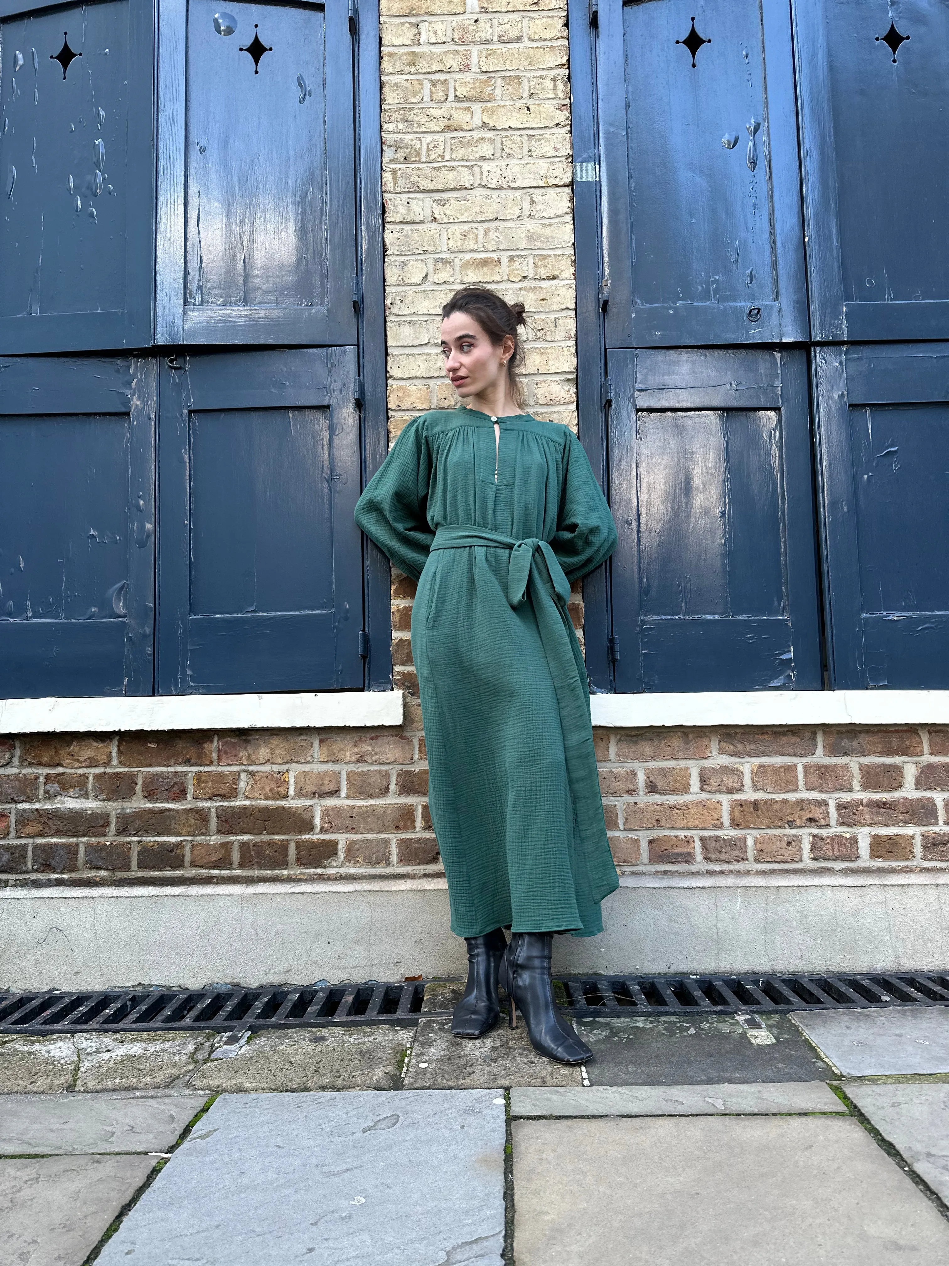 Green Cotton Crinkle Midhurst Dress by Justine Tabak