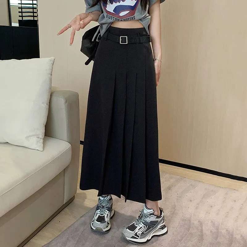 Grey Ruffles Casual Female Suit Skirts High Waist A-line Slim Straight Solid Color Simple Office Lady Summer Loose Skirt