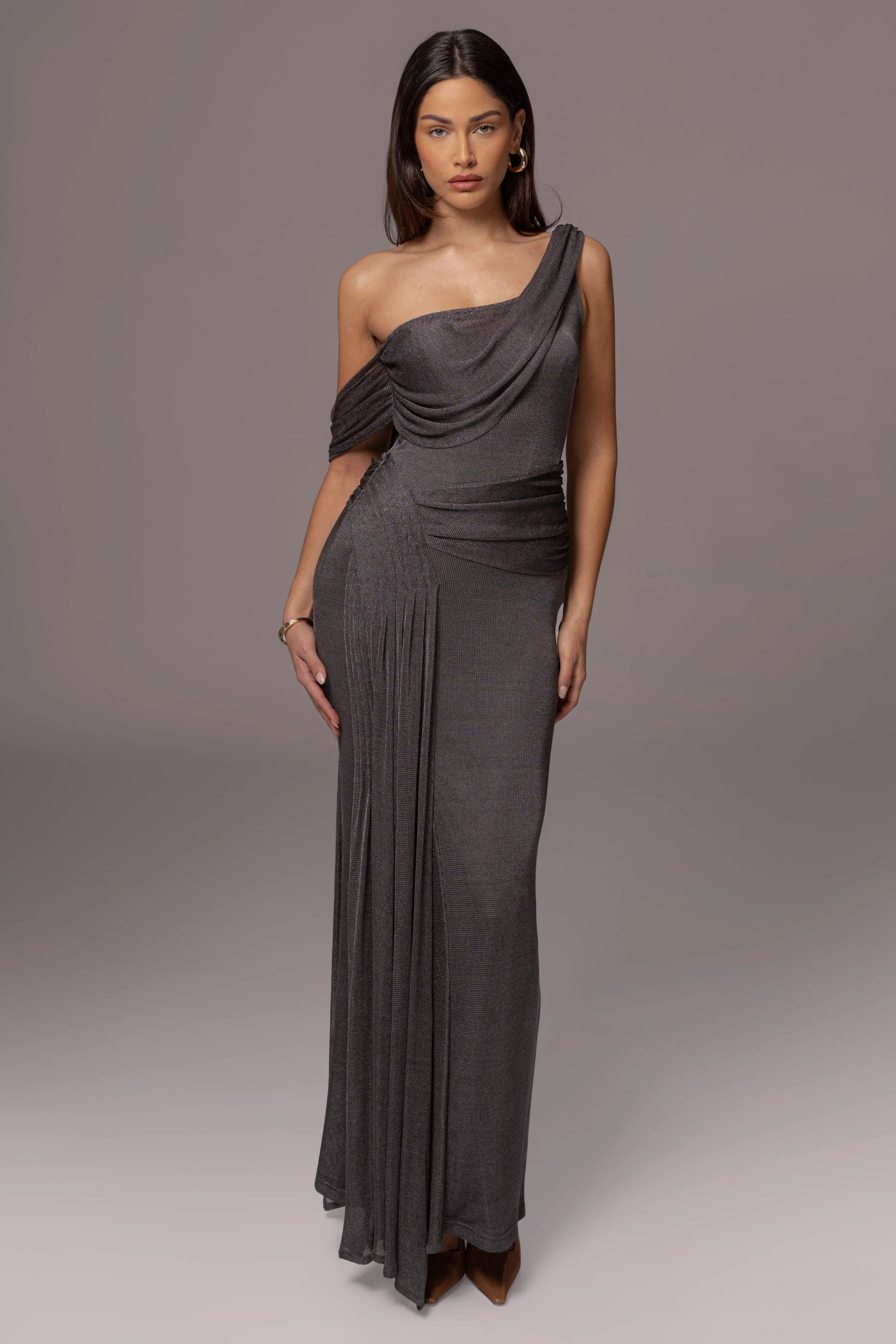 Gun Metal Draped Metallic Maxi Dress