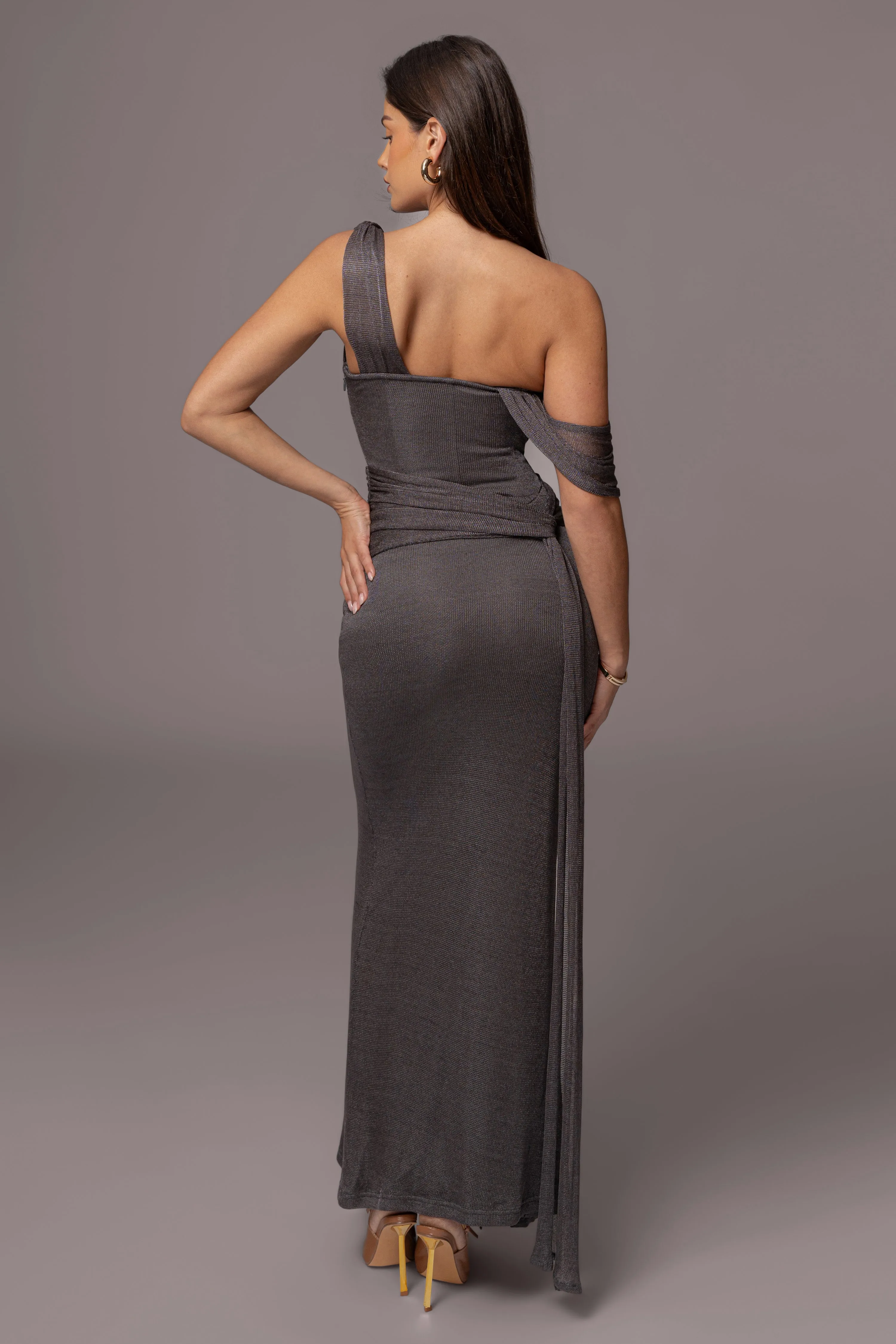 Gun Metal Draped Metallic Maxi Dress