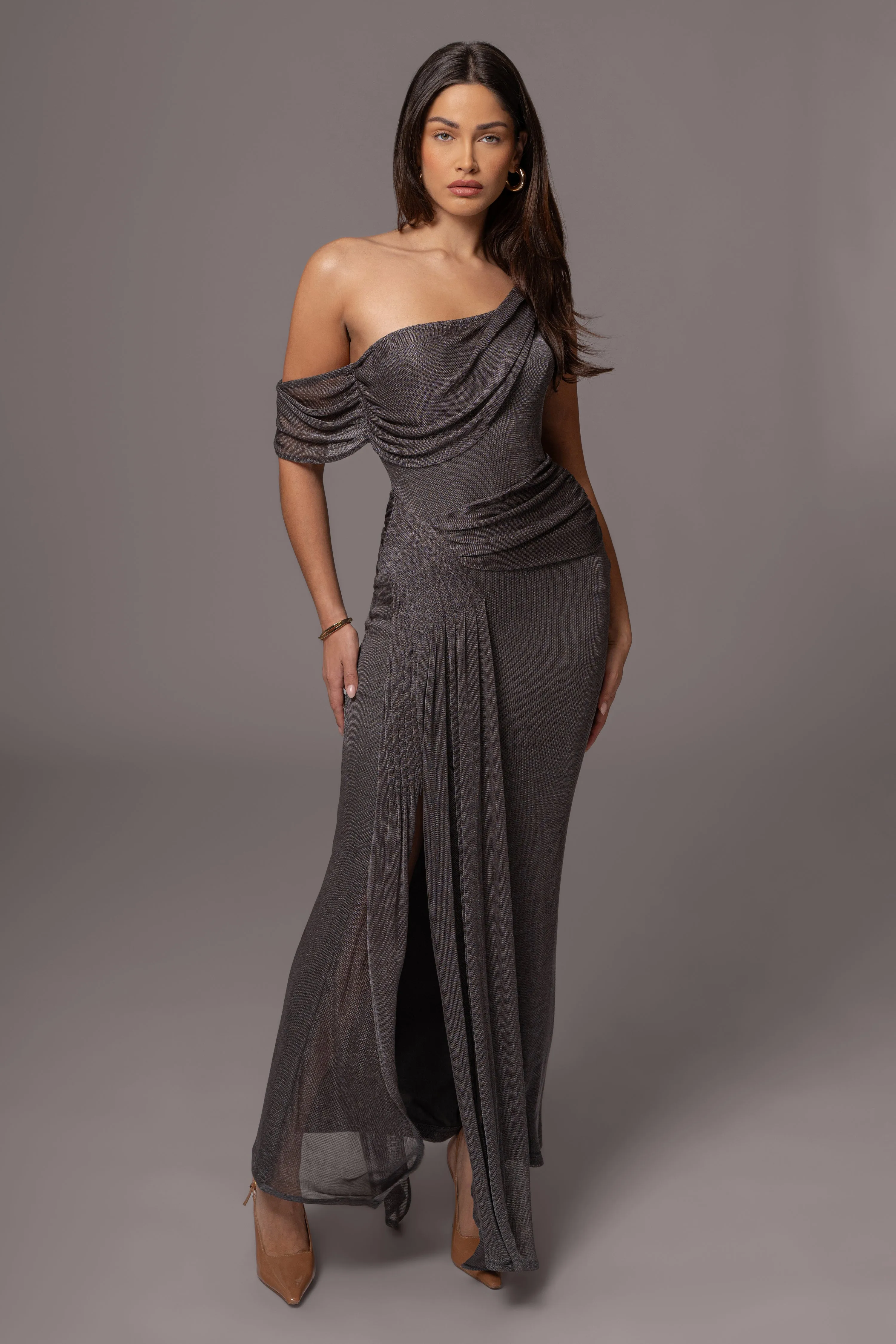 Gun Metal Draped Metallic Maxi Dress