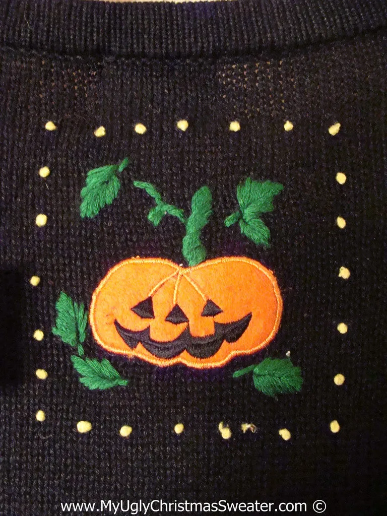 Halloween Ugly Sweater with Pumpkins, Scarecrow, Full Moon, Witch and Spider Web. Super Size for Mens or Womens XXL      (f1186)