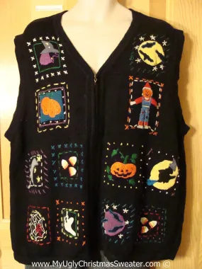 Halloween Ugly Sweater with Pumpkins, Scarecrow, Full Moon, Witch and Spider Web. Super Size for Mens or Womens XXL      (f1186)