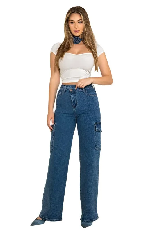 High Rise Crossed Waist Cargo Wide Jeans