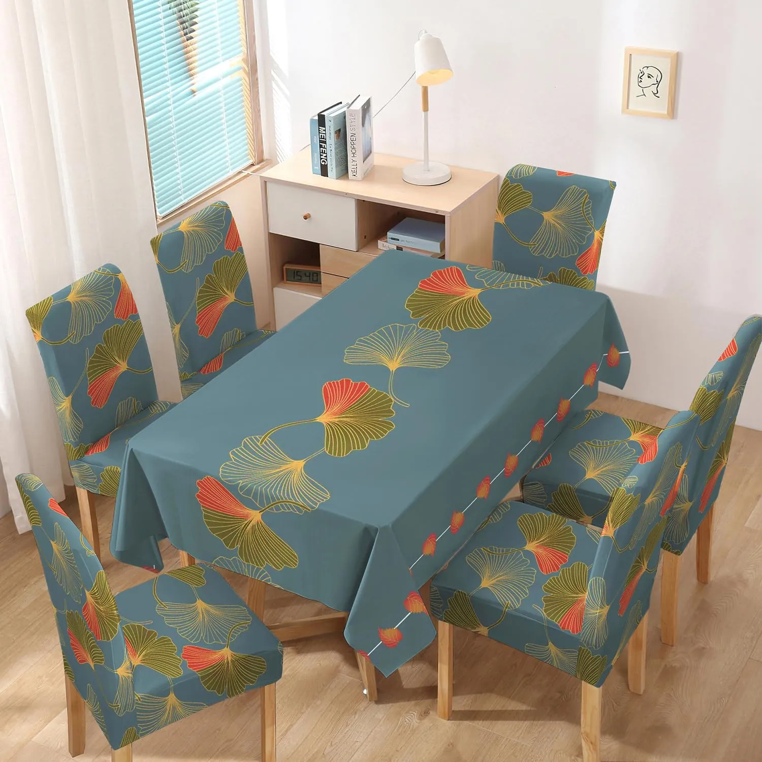 HOKIPO Stretchable Set of 6 Dining Chair Cover with Matching Tablecloth (AR-4803-D4)