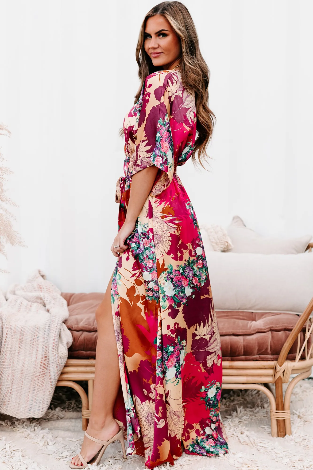 Idyllic Evenings Belted Kimono Maxi Dress (Passion/Burgundy/Rust)