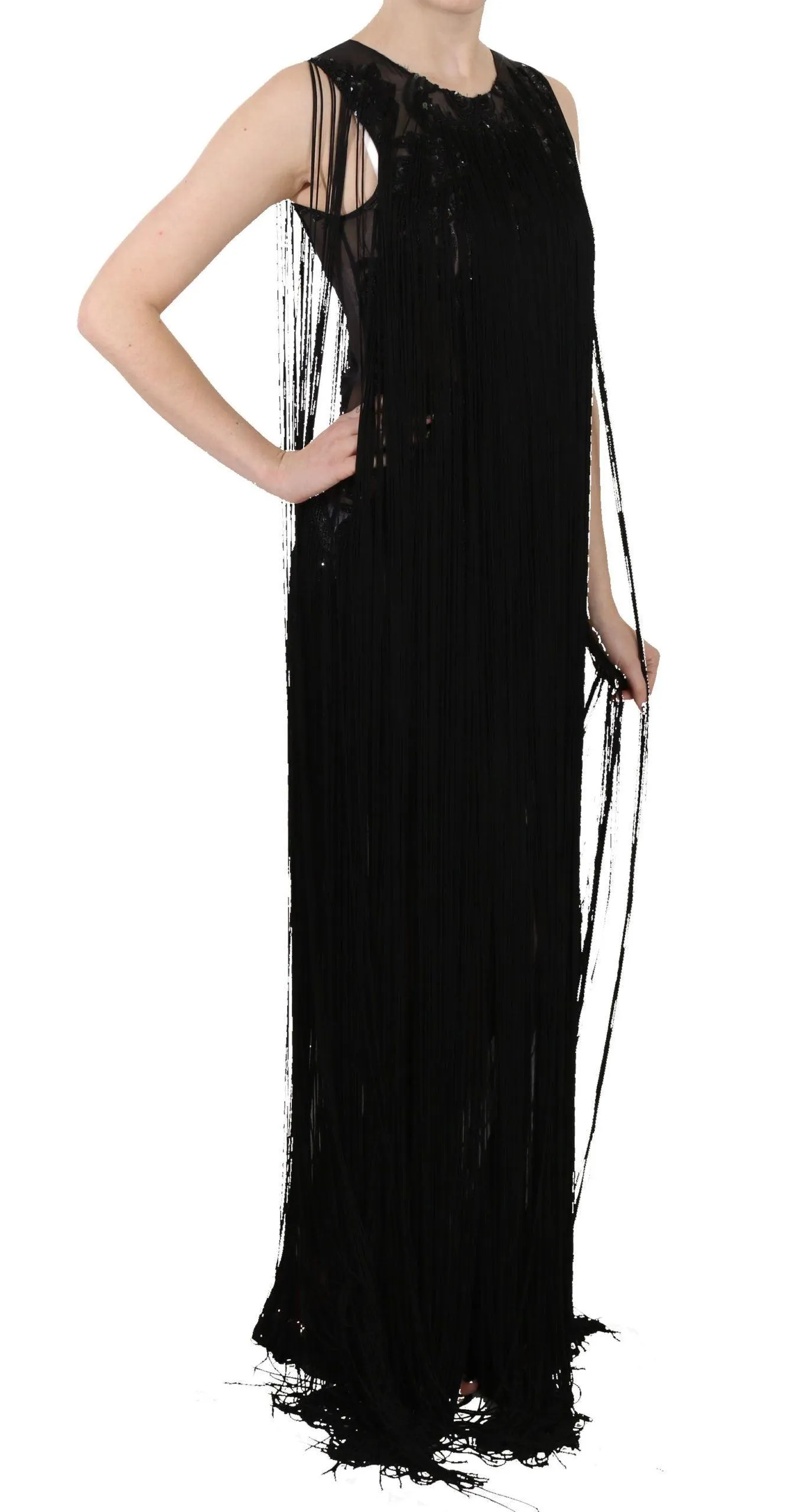 John Richmond Black Silk Beaded Sequined Sheer Dress