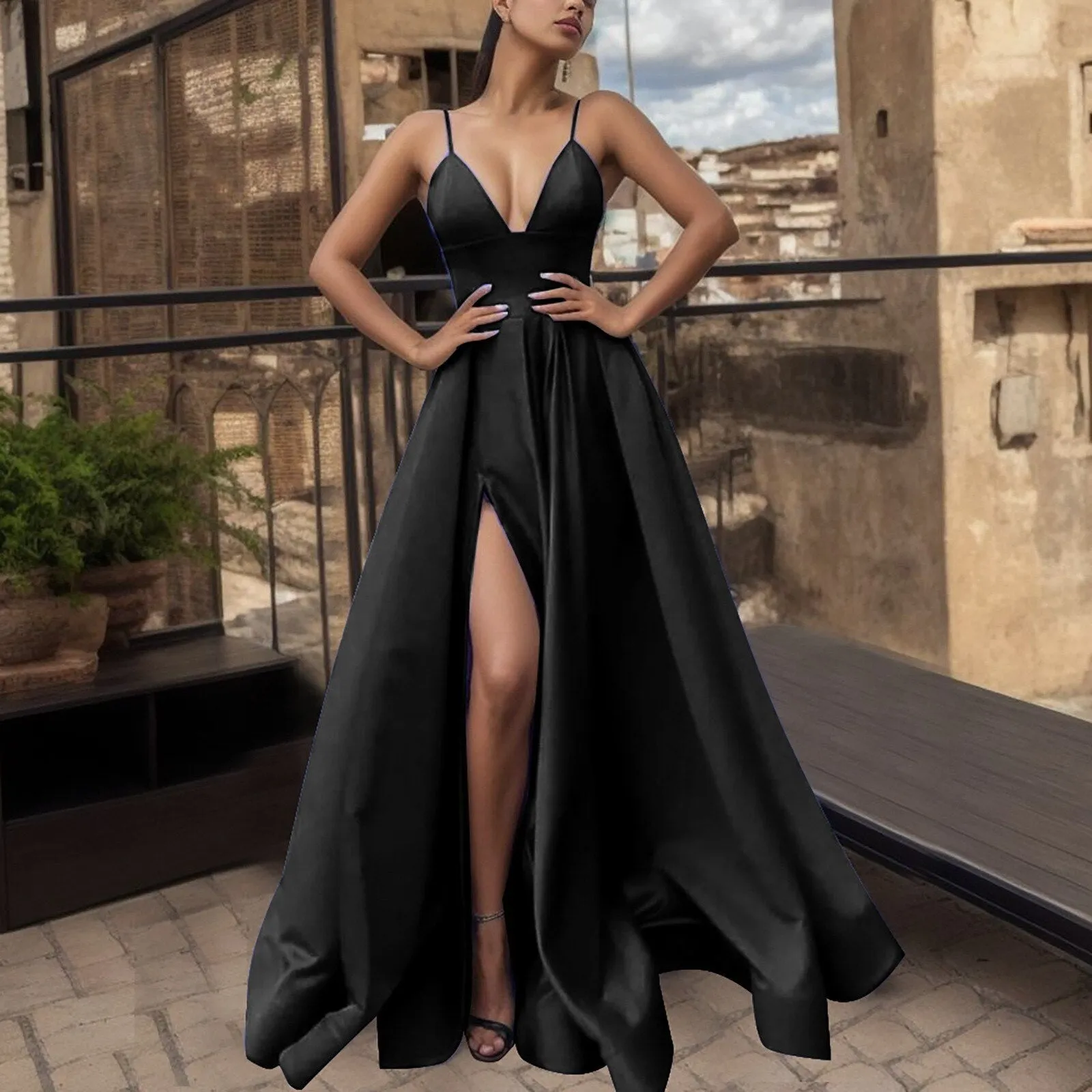 JuliaFashion - 2024 Sleeveless Satin V-Neck Maxi Dress