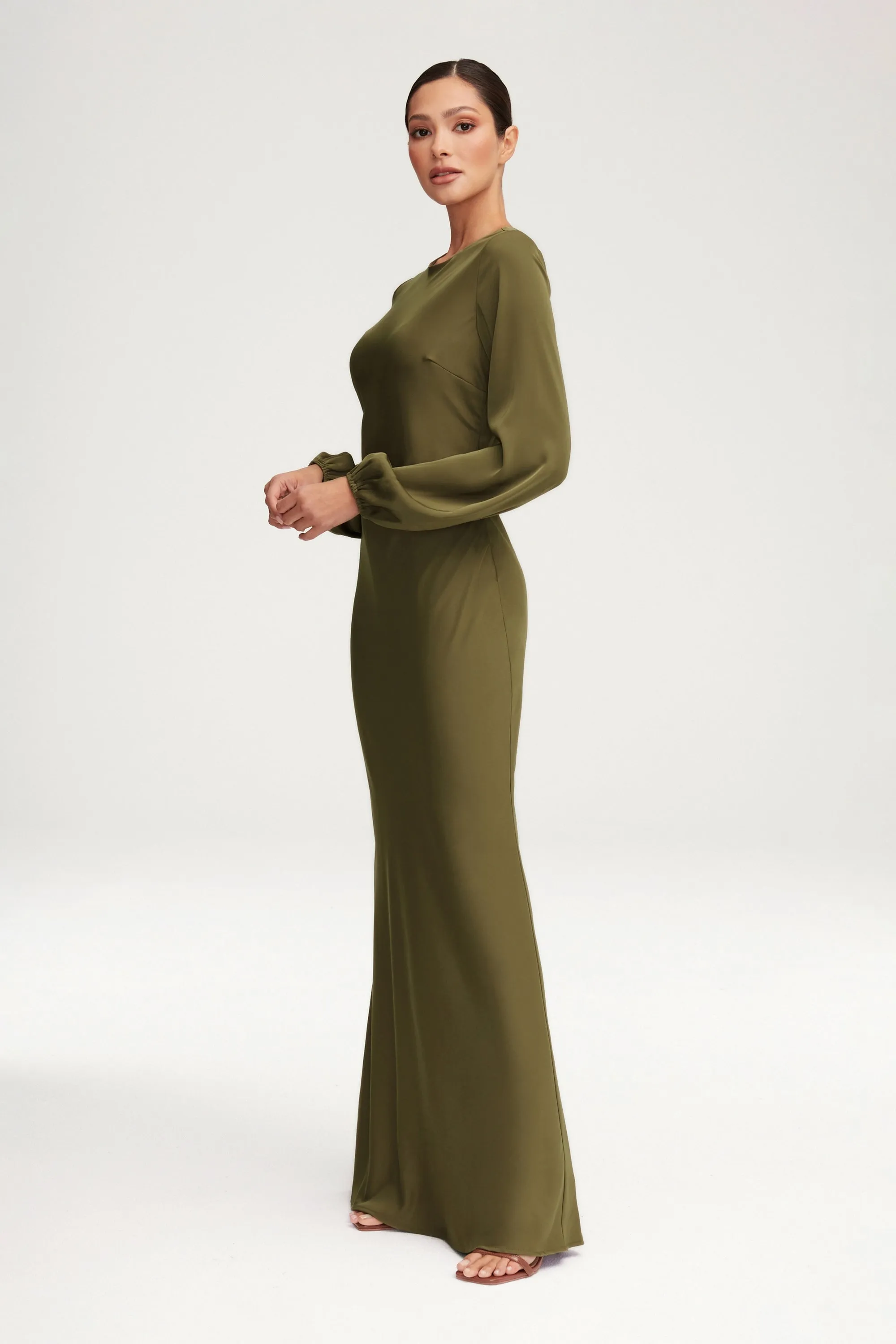 Kamila Satin Maxi Dress - Olive Night