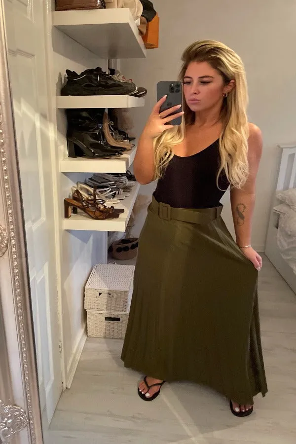 KHAKI PLEATED BELT MAXI SKIRT