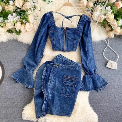 KittenAlarm - Trends high quality Spring Autumn Two Piece Set  Women Sexy Jeans 2 Two Piece Set Long Sleeve Crop Tops And Bodycon Short Denim Skirt Suits for Woman