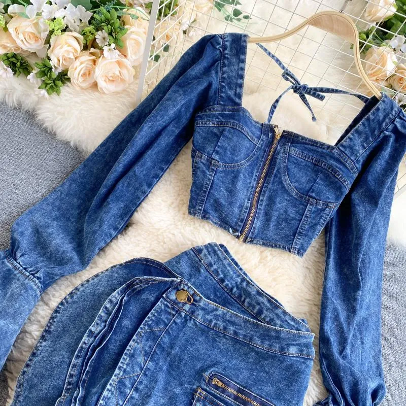 KittenAlarm - Trends high quality Spring Autumn Two Piece Set  Women Sexy Jeans 2 Two Piece Set Long Sleeve Crop Tops And Bodycon Short Denim Skirt Suits for Woman