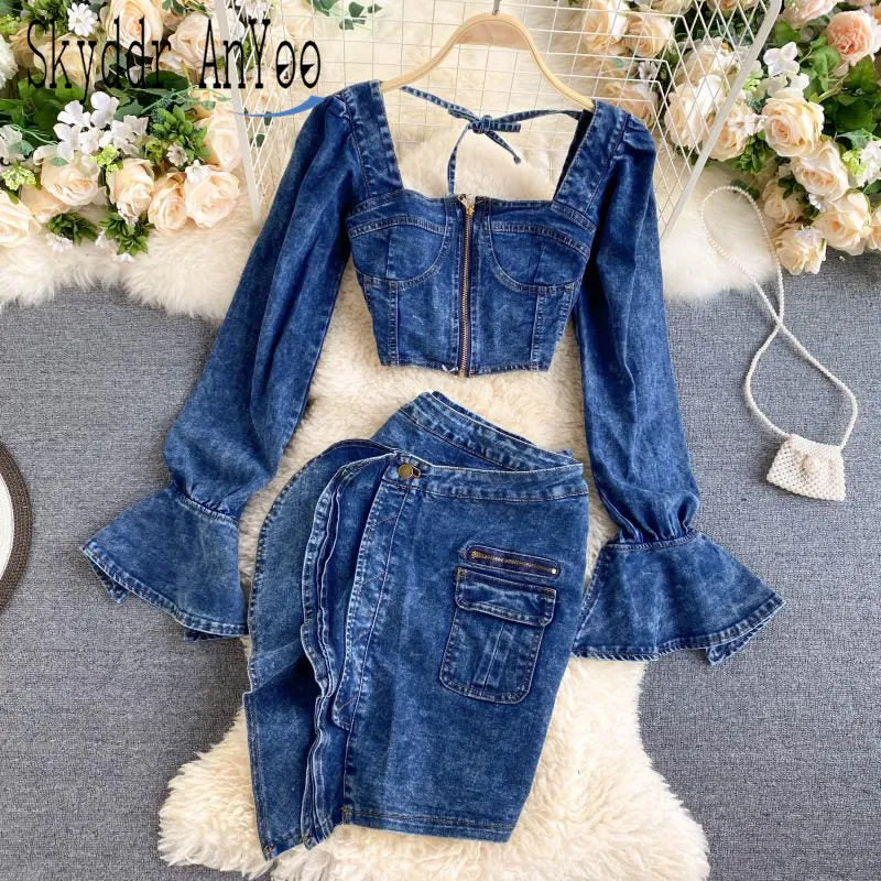 KittenAlarm - Trends high quality Spring Autumn Two Piece Set  Women Sexy Jeans 2 Two Piece Set Long Sleeve Crop Tops And Bodycon Short Denim Skirt Suits for Woman