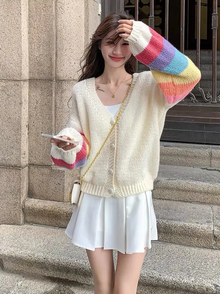 Knitted Cardigan Rainbow Contrasting Sweater