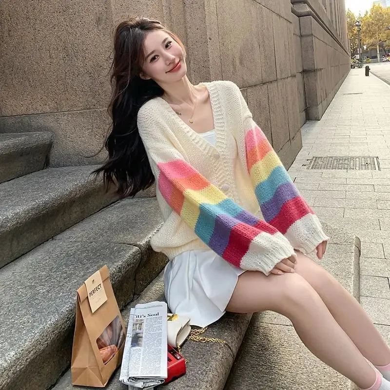 Knitted Cardigan Rainbow Contrasting Sweater