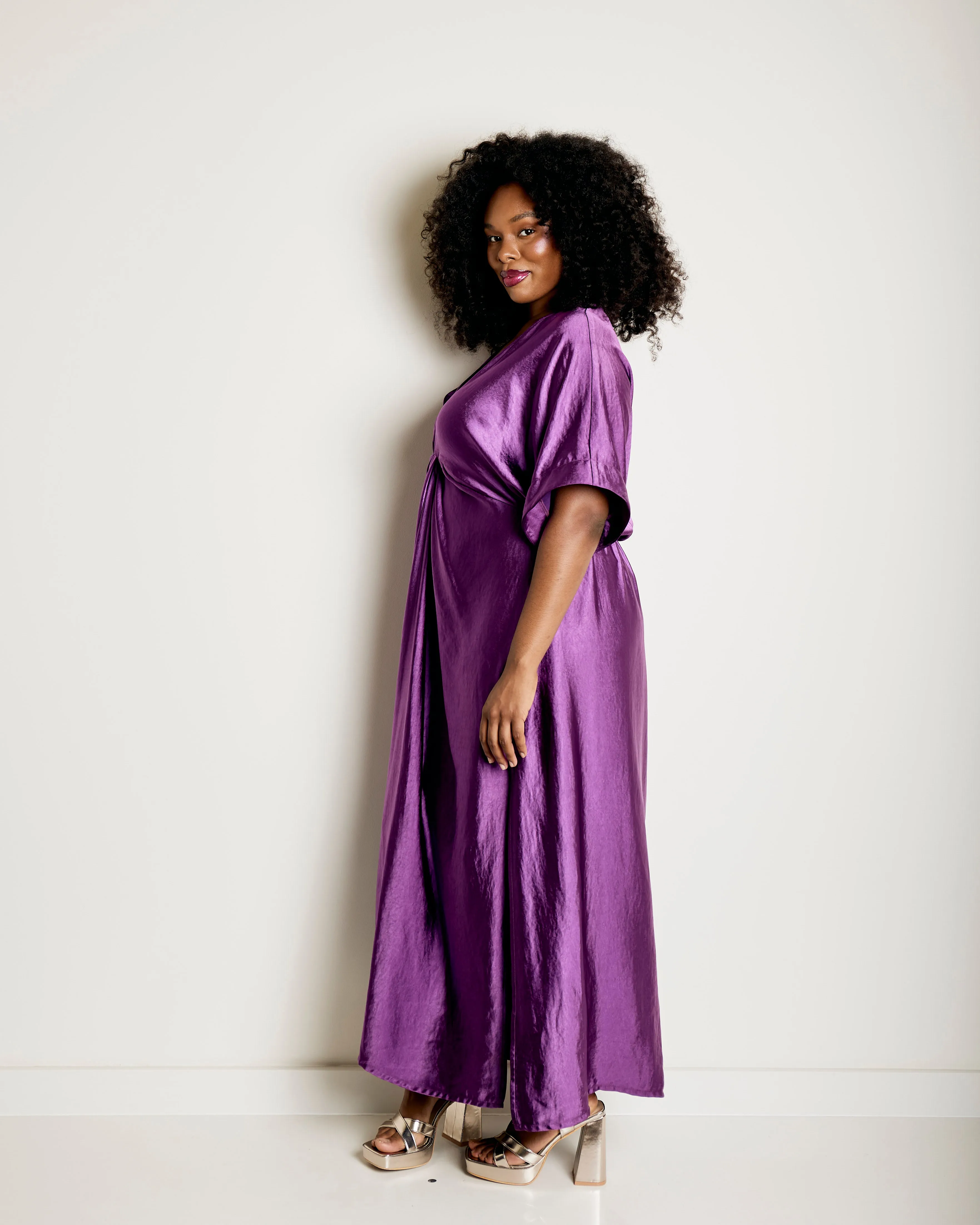 Knot Detail Kaftan Dress in Satin in purple