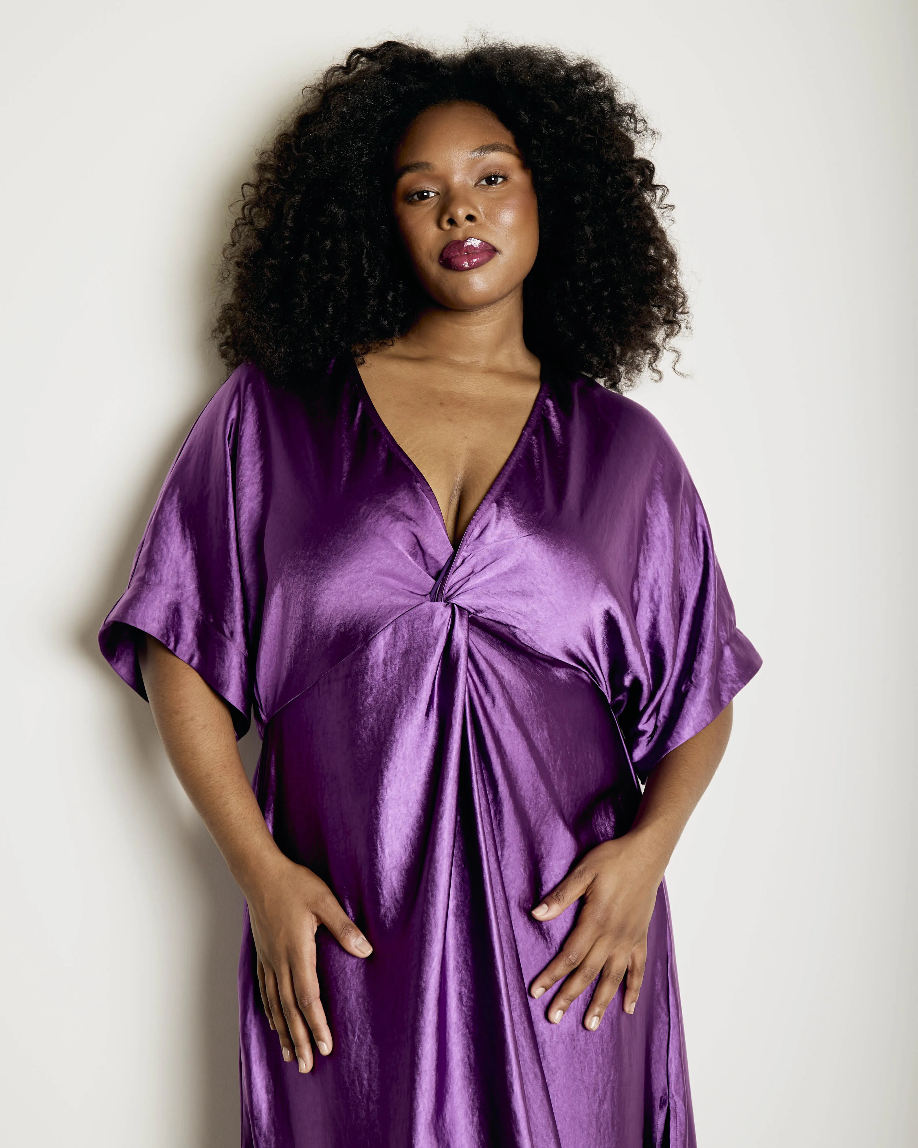 Knot Detail Kaftan Dress in Satin in purple