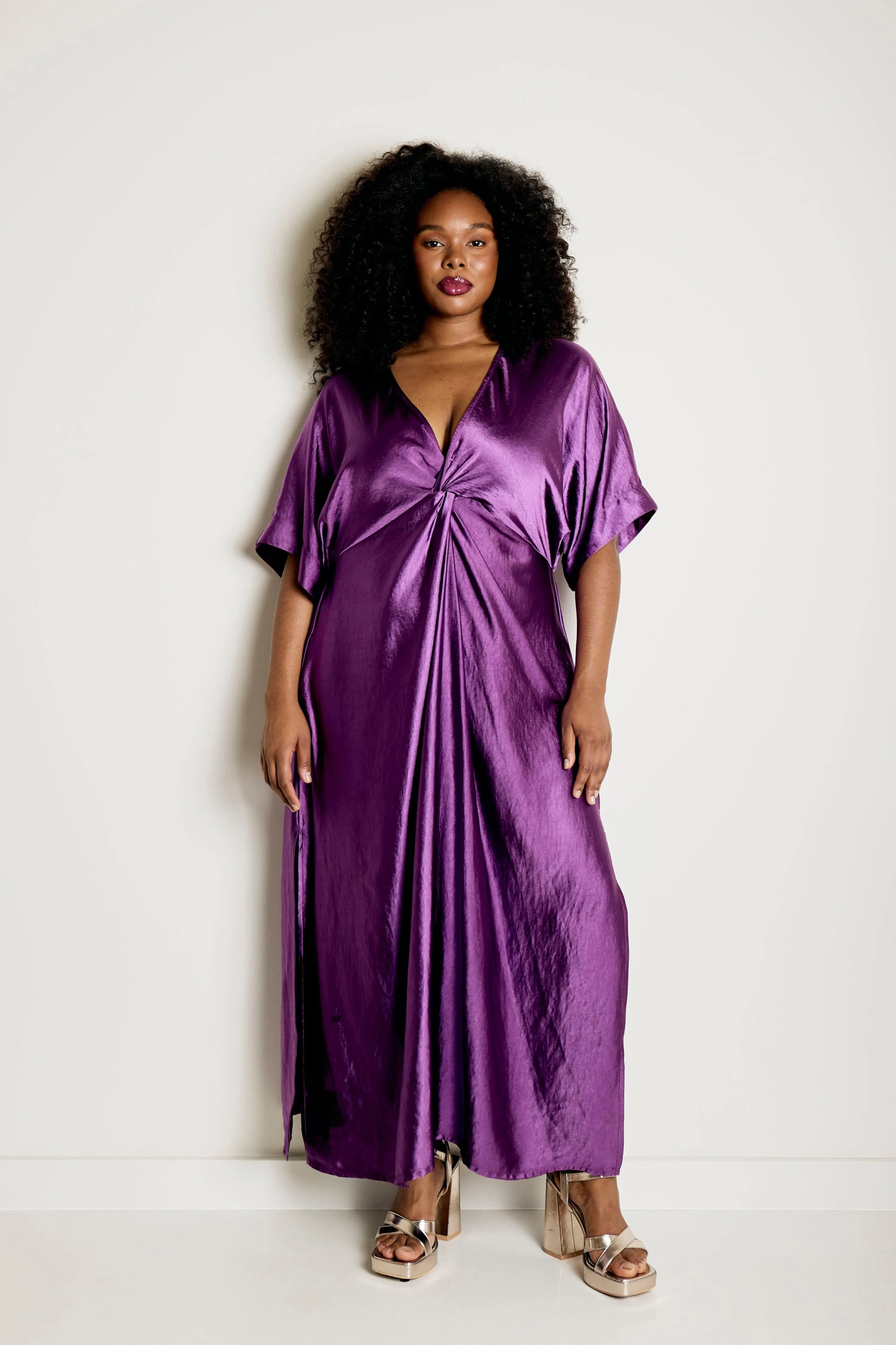 Knot Detail Kaftan Dress in Satin in purple