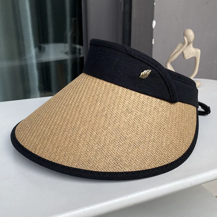 Ladies Wide Brim Straw Hat Sun Hat Summer Beach Foldable Ponytail Empty Top Hat UV Protection