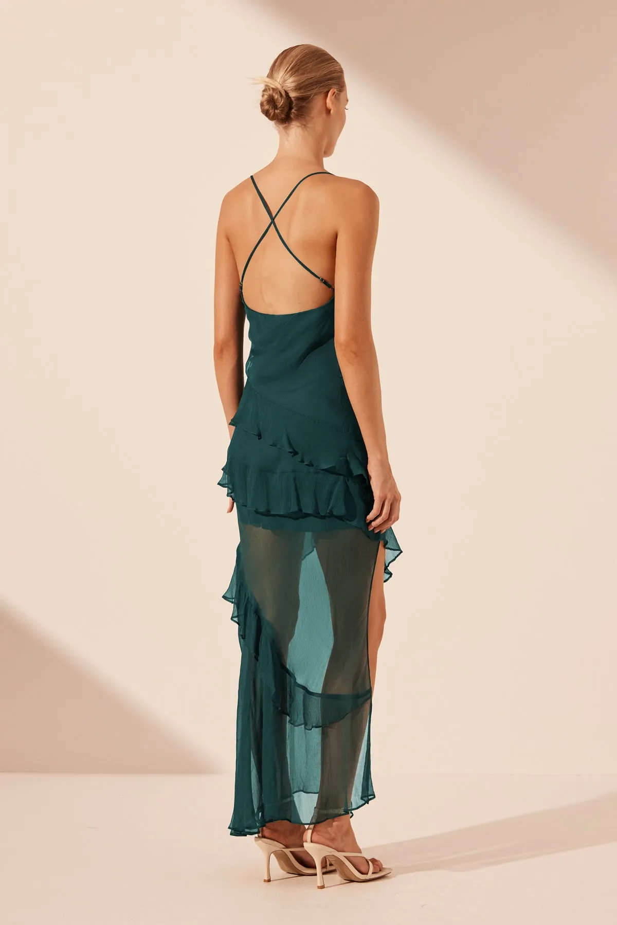 LAYLA ASYMMETRICAL RUFFLE MAXI DRESS - DARK TEAL