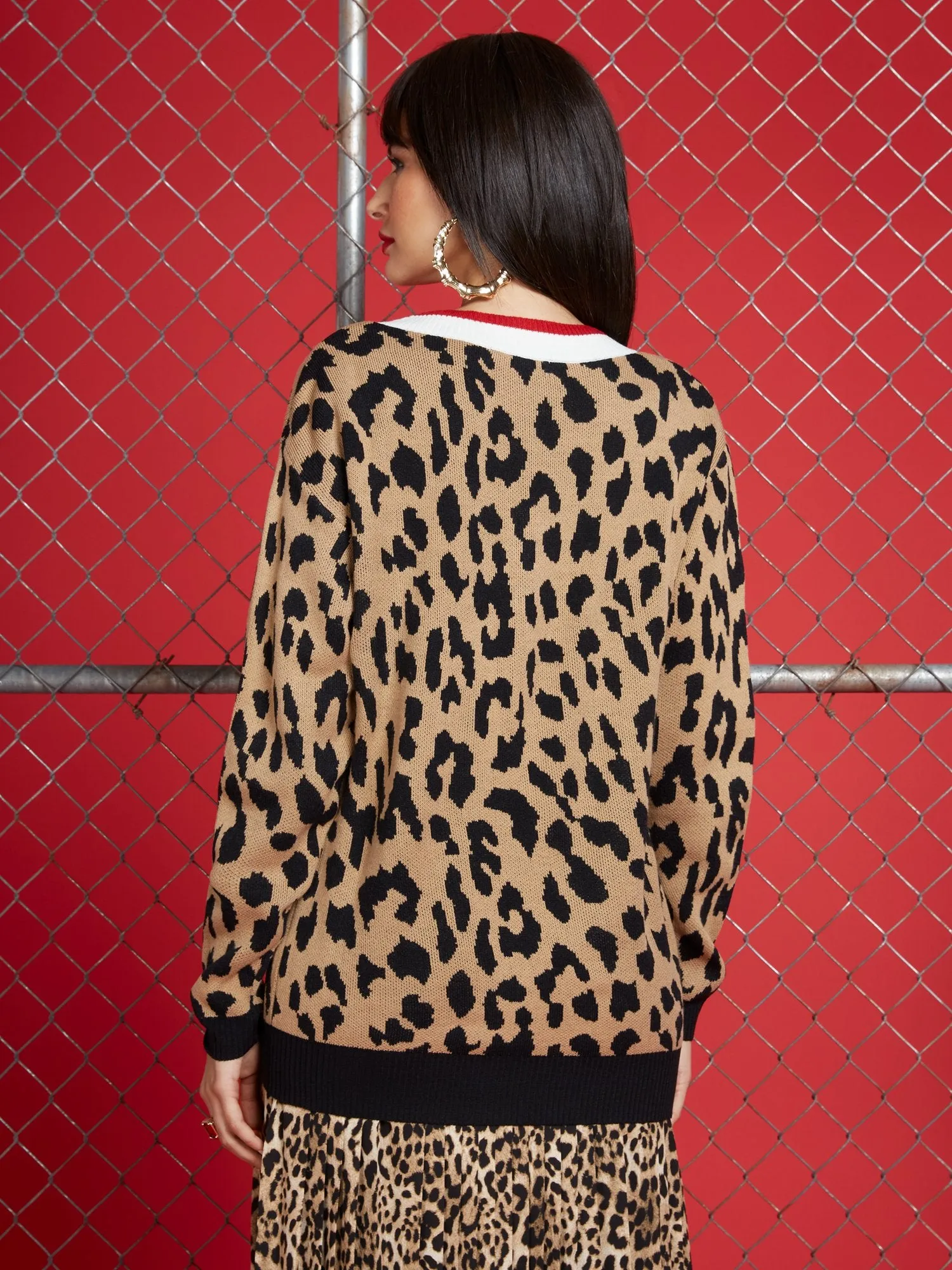 Leopard-Print V-Neck Pullover Sweater