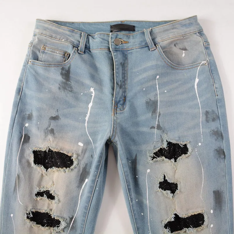 Light Blue Distressed Onyx Rhinestone Slim Jeans