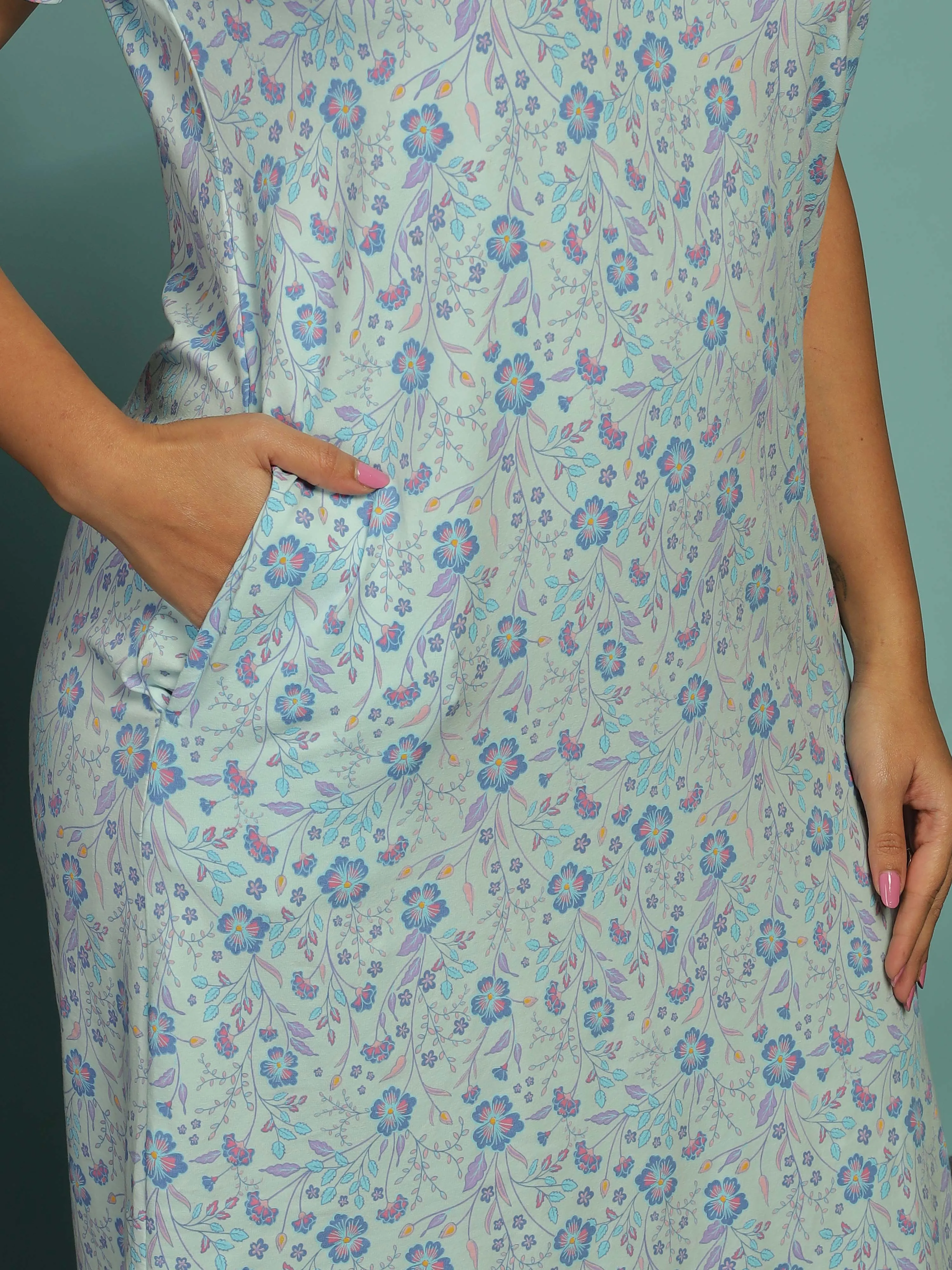 Light Blue Plus Size Printed Short Nighty for Women