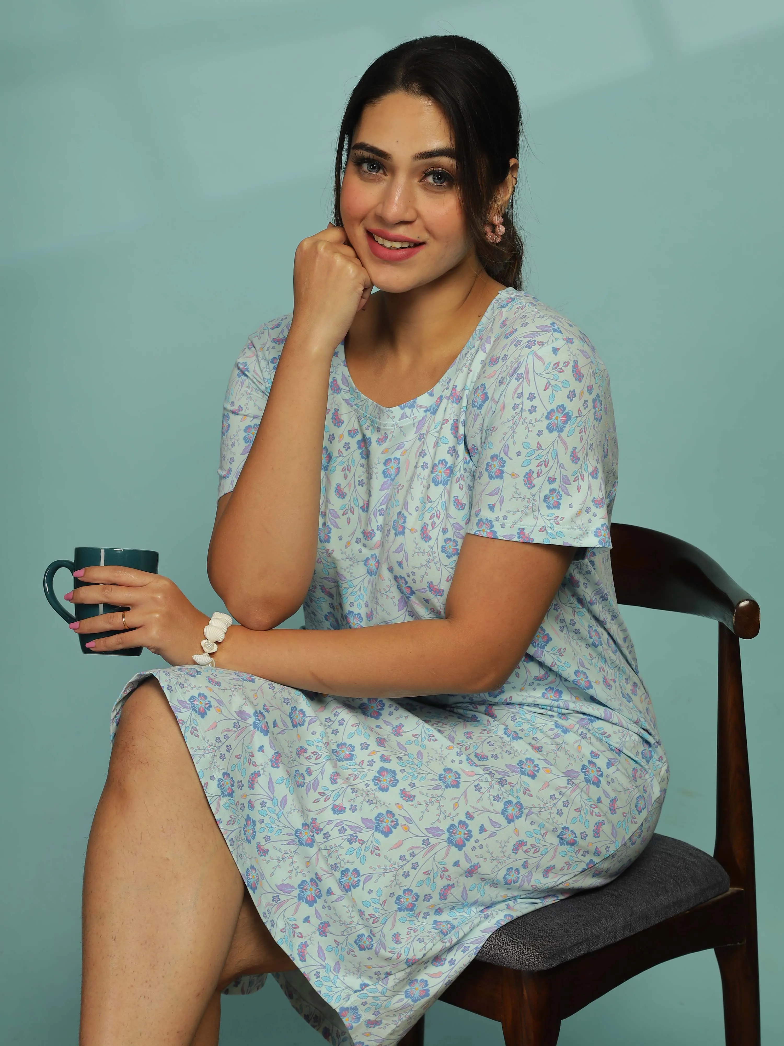 Light Blue Plus Size Printed Short Nighty for Women