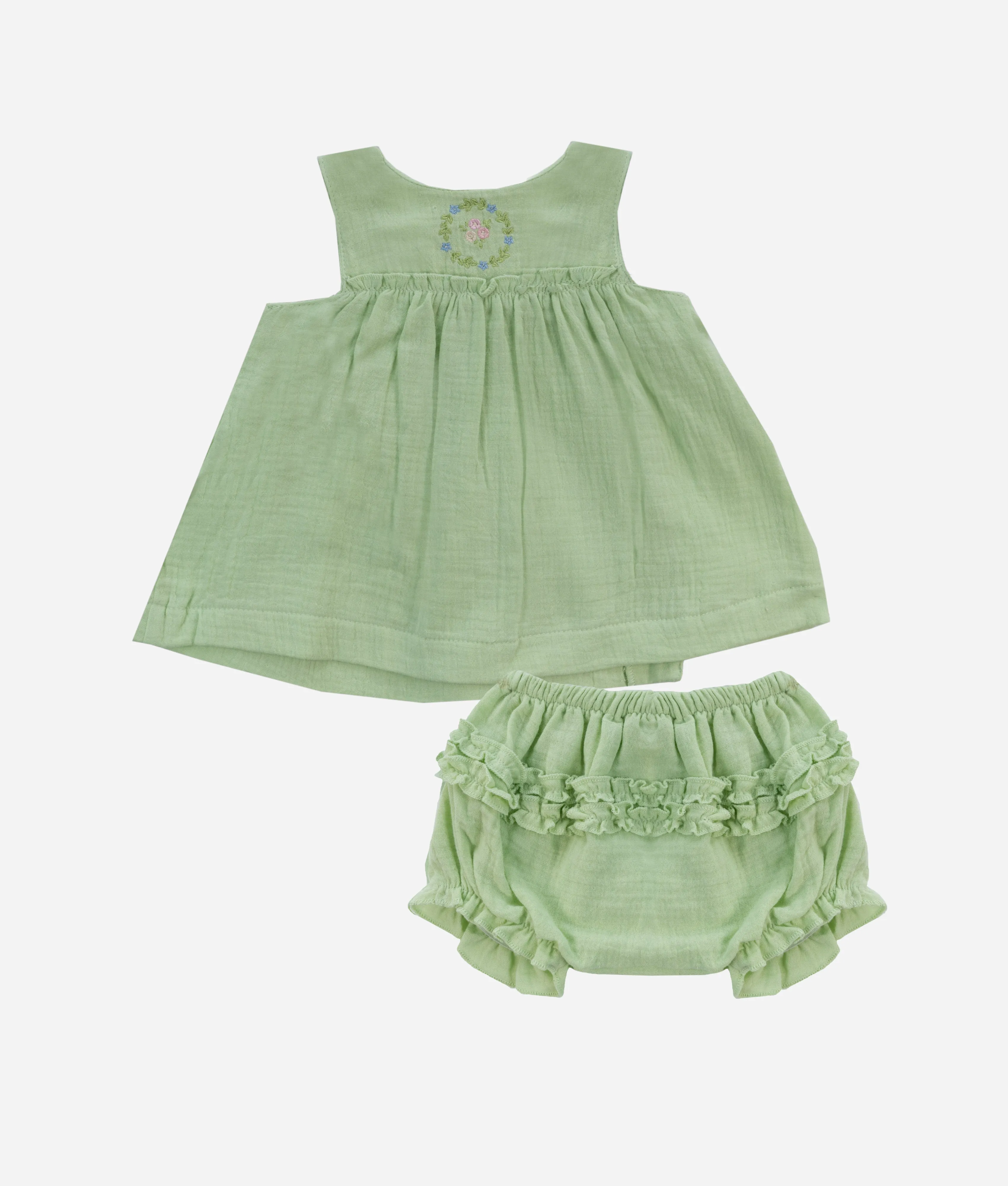 Light Lime Zest Embroidery Dress With Bloomer - 2Pcs Set