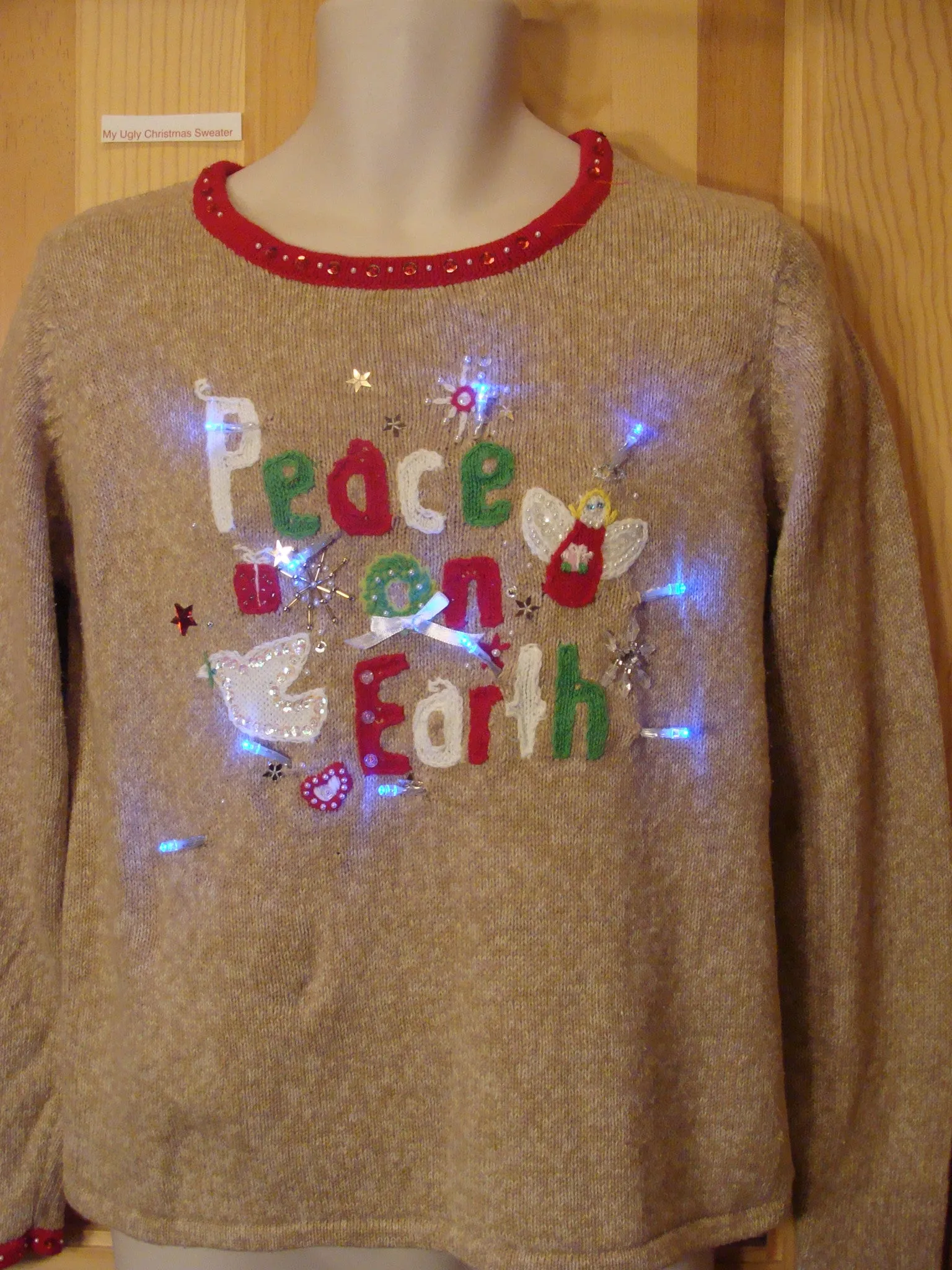 Light Up Ugly Brown Xmas Sweater PEACE ON EARTH