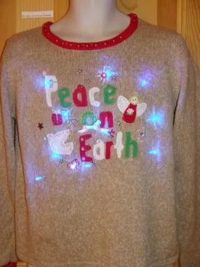 Light Up Ugly Brown Xmas Sweater PEACE ON EARTH