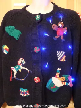 Light Up Ugly Xmas Sweater 80s Toys Nutcrackers, Jack-in-the-box, Horse