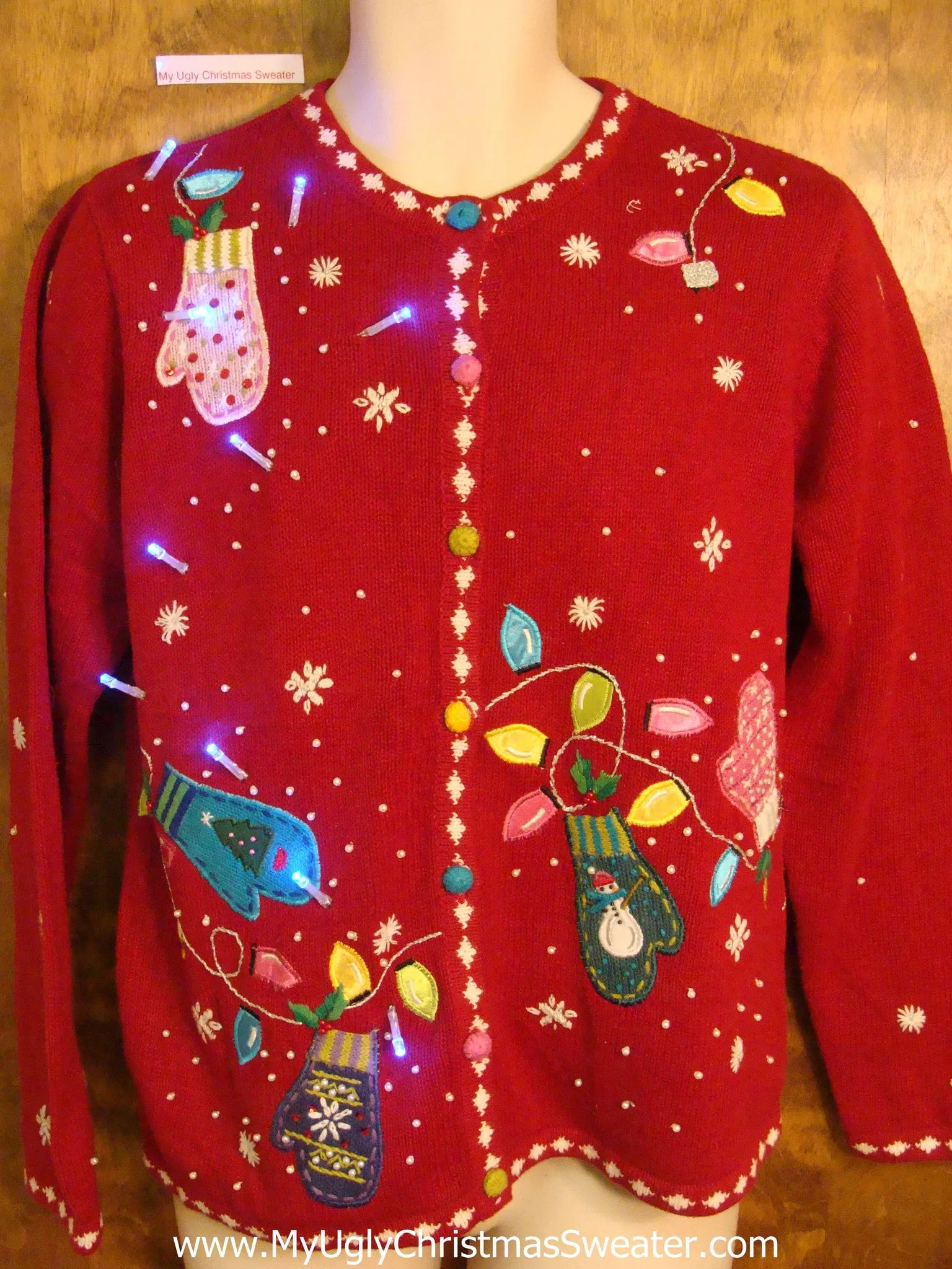 Light Up Ugly Xmas Sweater with Mittens and Bulbs