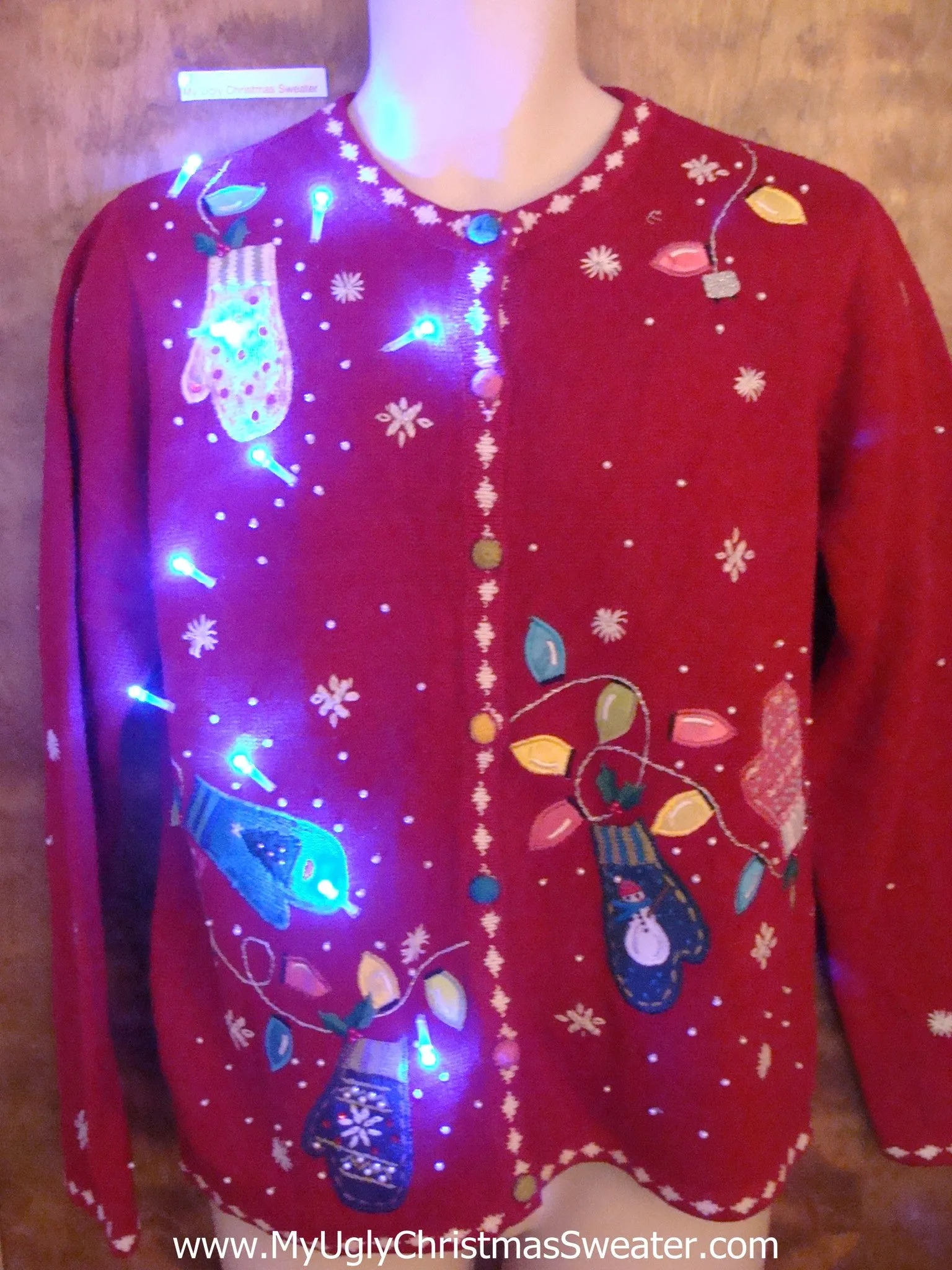 Light Up Ugly Xmas Sweater with Mittens and Bulbs