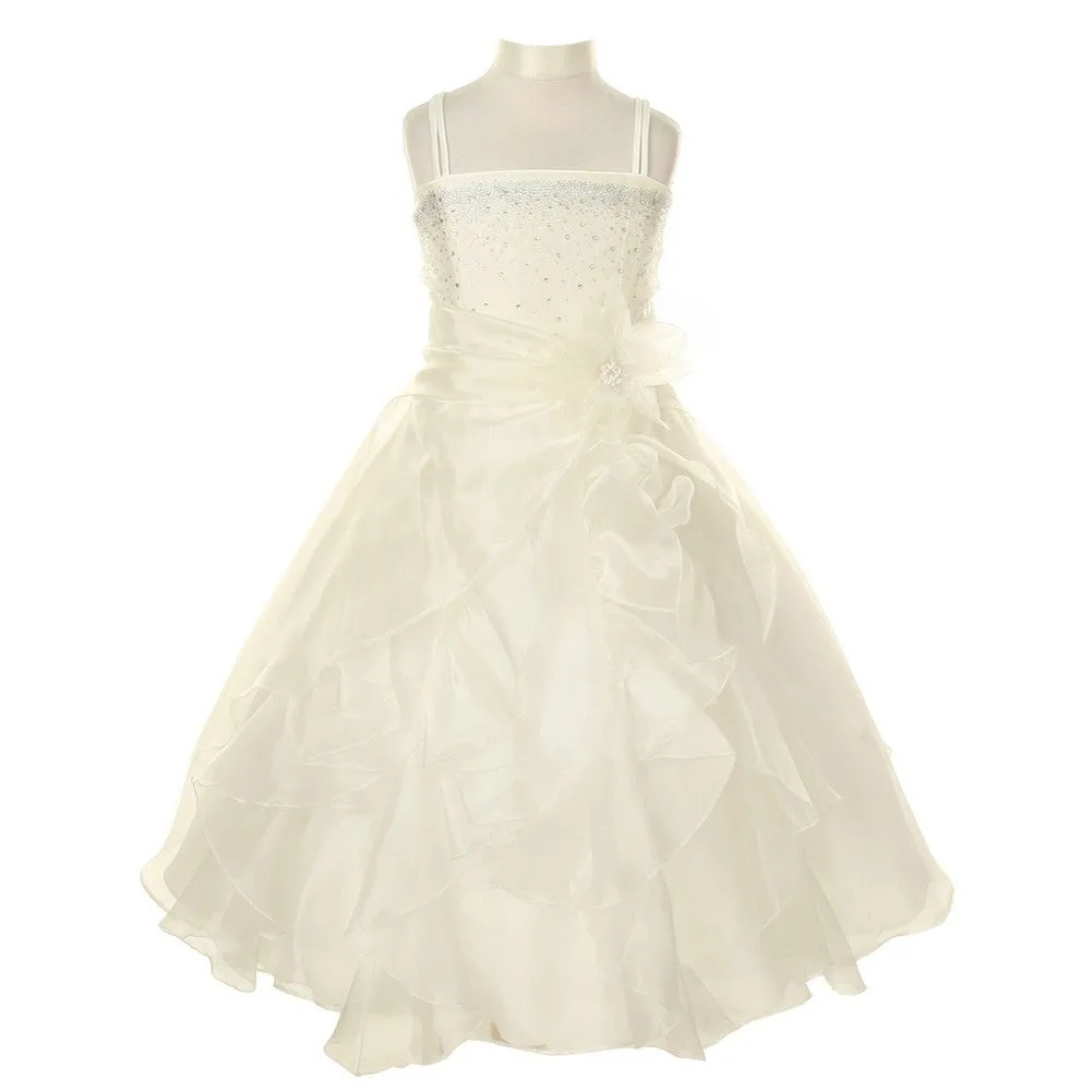 Little Girls Ivory Crystal Organza Cascade Ruffle Dress 2-6