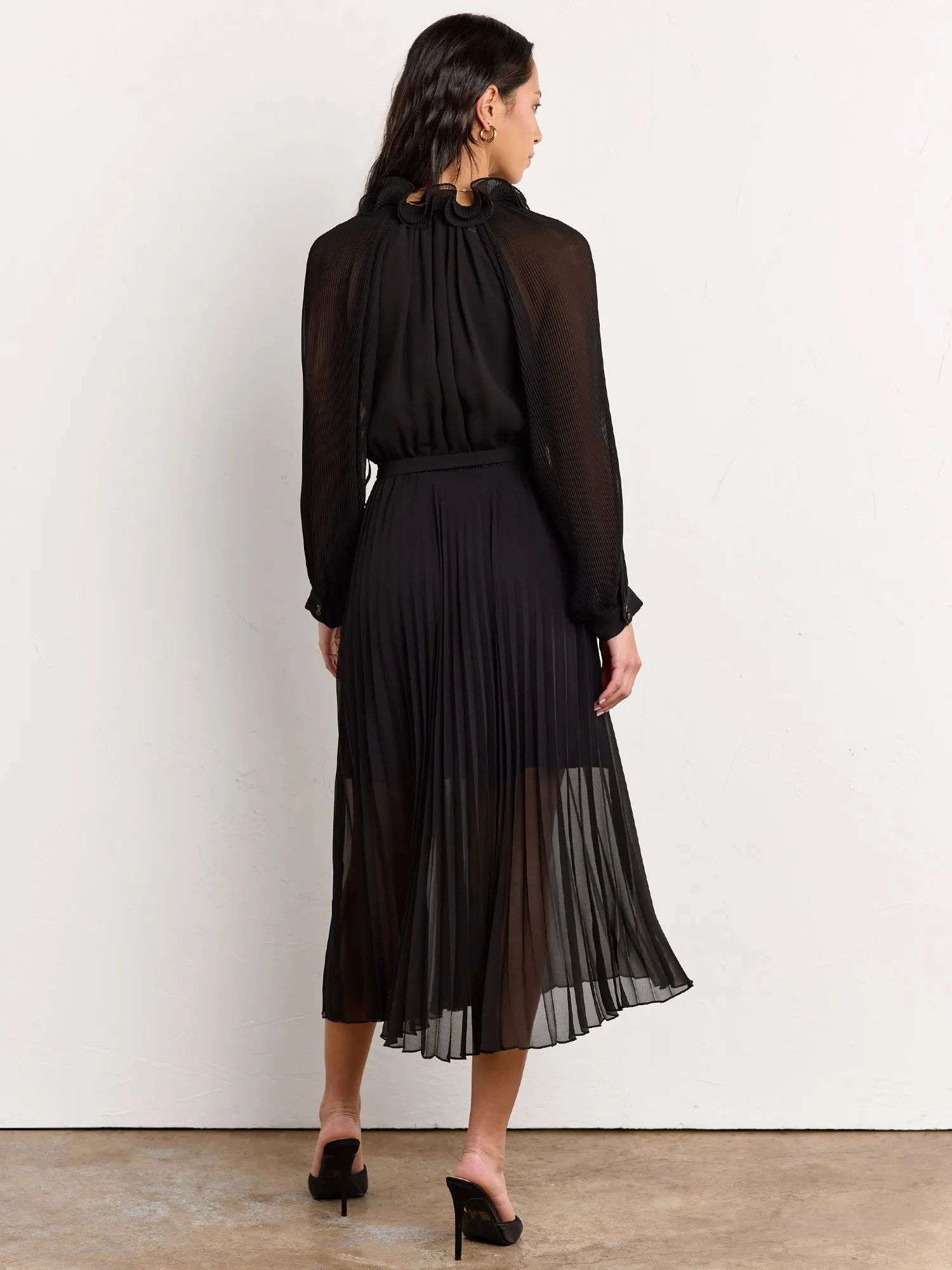 Long-Sleeve Ruffle Neck Pleated Midi Dress - Luxy USA