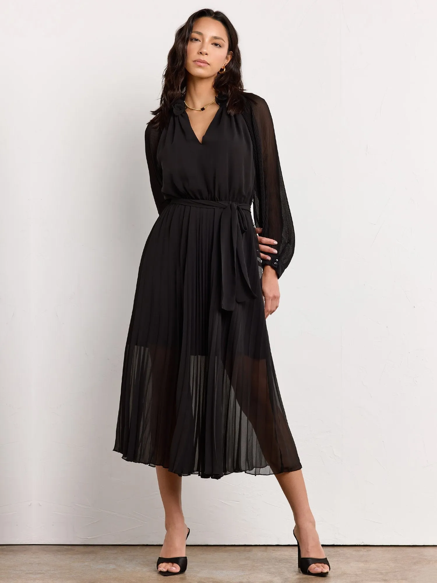 Long-Sleeve Ruffle Neck Pleated Midi Dress - Luxy USA