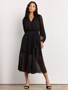 Long-Sleeve Ruffle Neck Pleated Midi Dress - Luxy USA