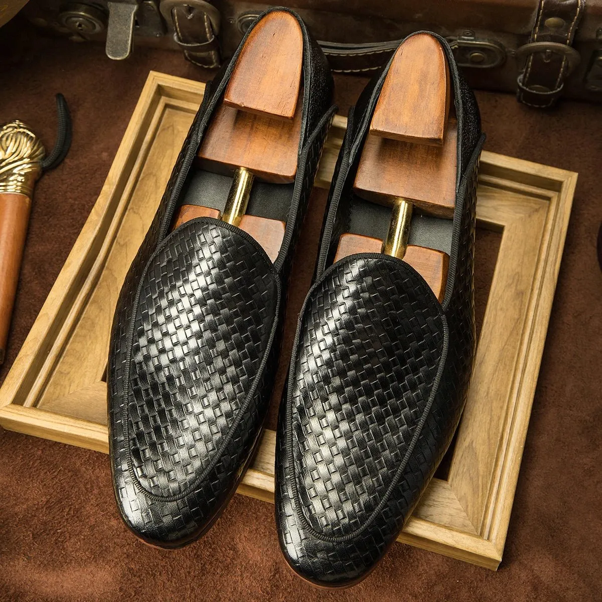 Luxury Genuine Leather Black Slip-On Loafers Shoes for Men