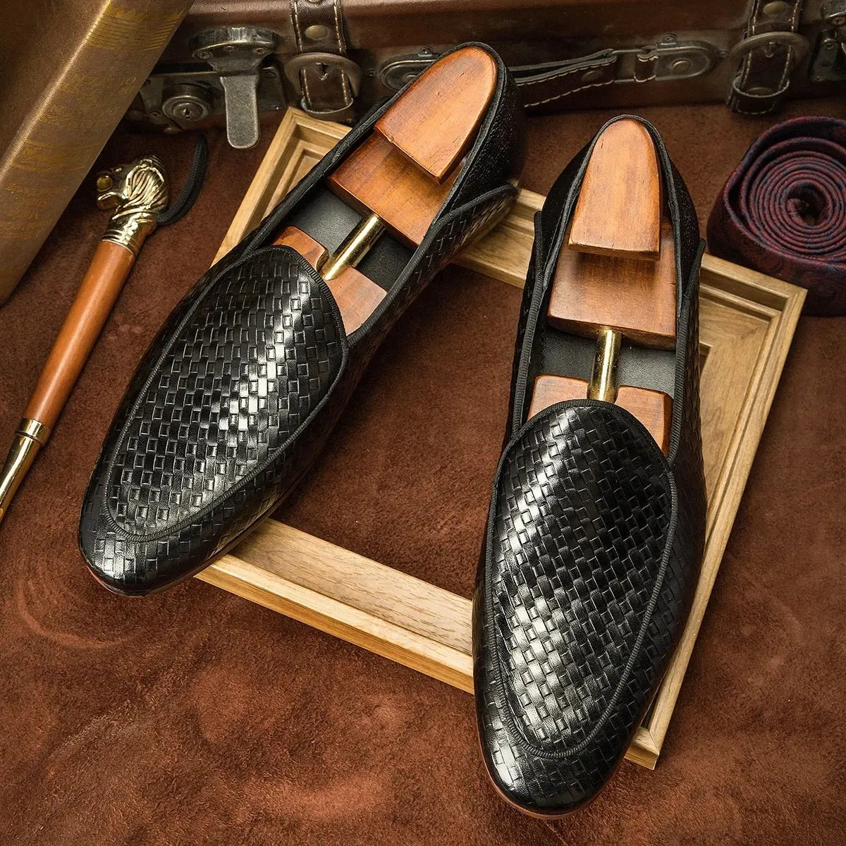 Luxury Genuine Leather Black Slip-On Loafers Shoes for Men