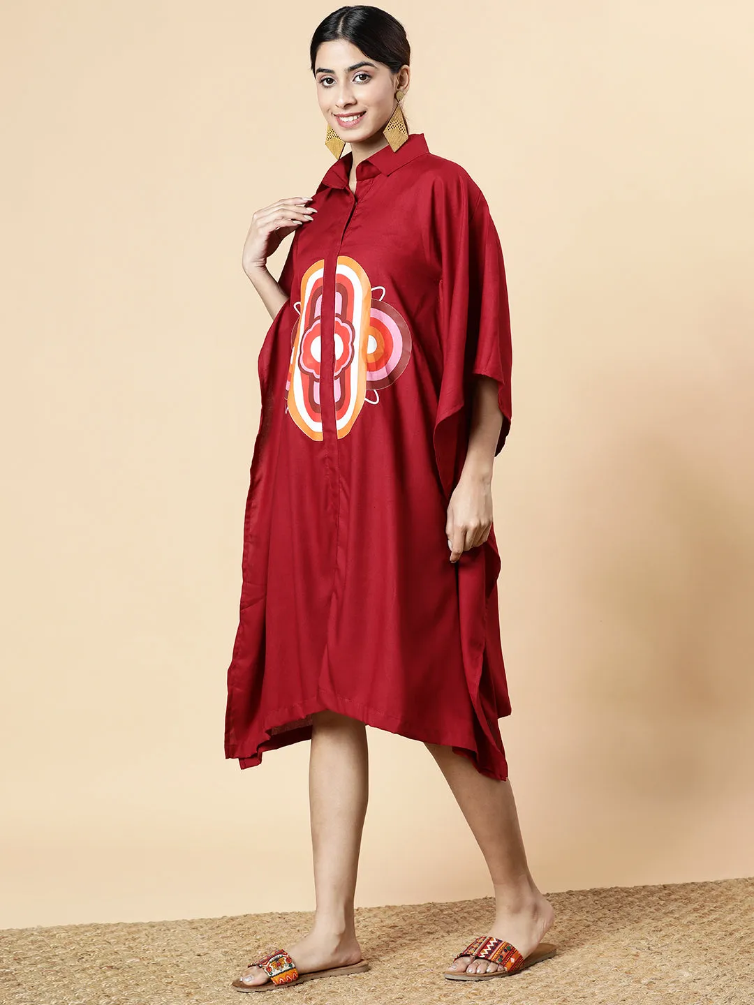 Maroon Rayon Shirt-Kaftan - Orange