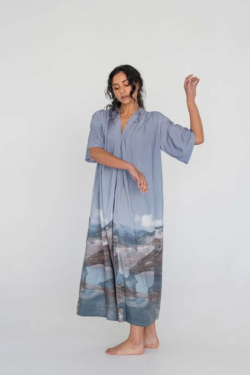 Maxi Dress with Detachable Belt - Mountain Print