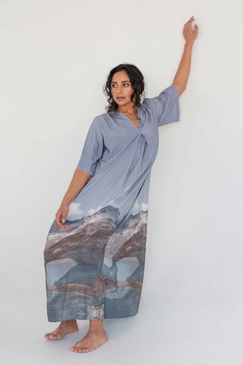 Maxi Dress with Detachable Belt - Mountain Print