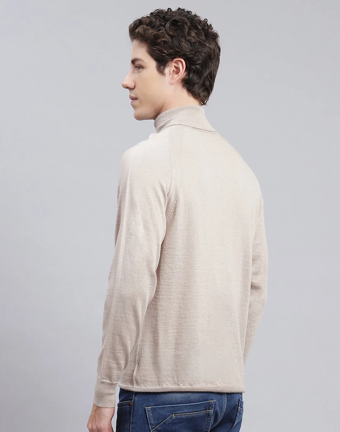 Men Beige Solid High Neck Full Sleeve Pullover