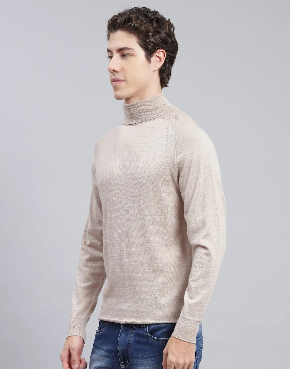 Men Beige Solid High Neck Full Sleeve Pullover