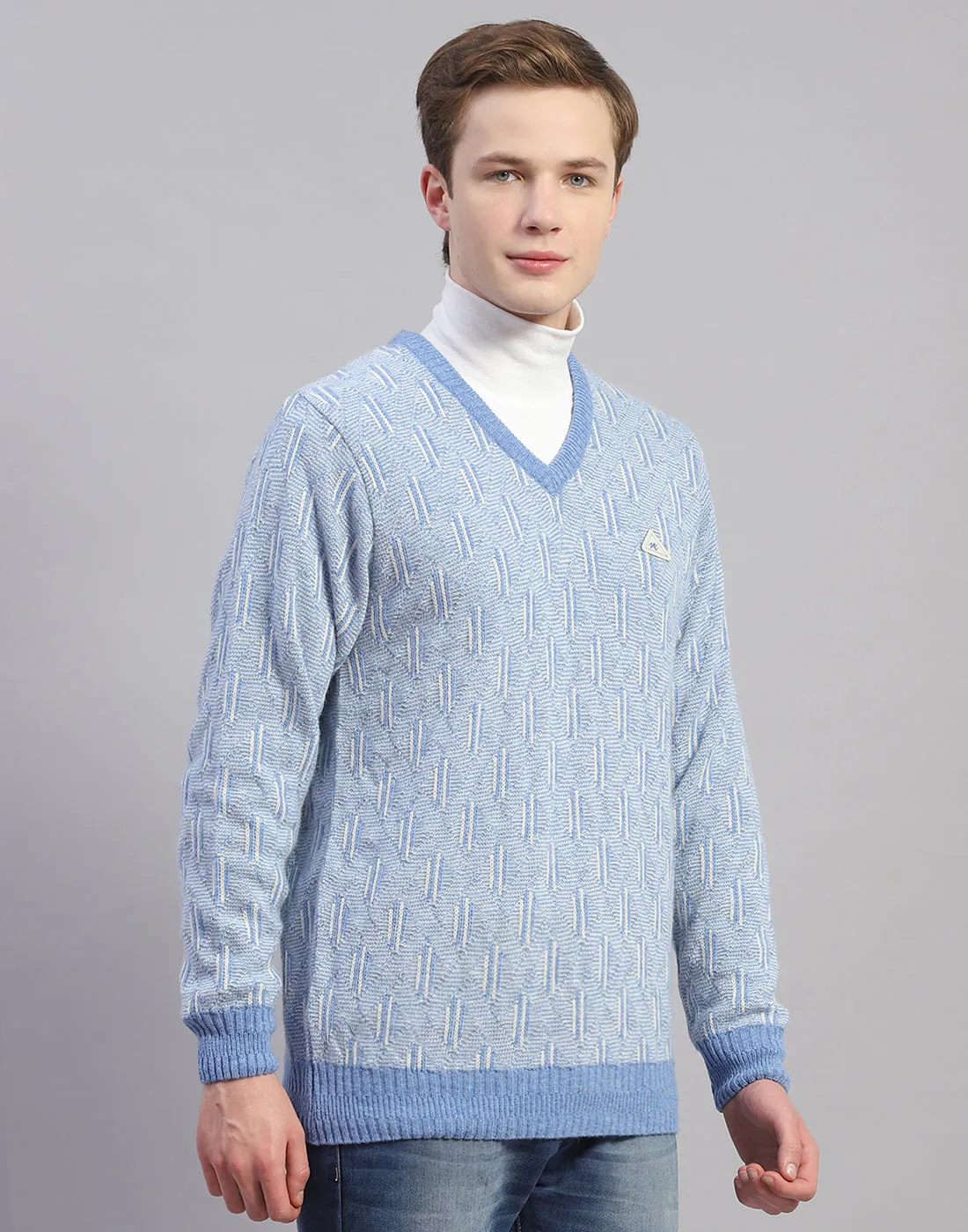 Men Blue Solid V Neck Full Sleeve Pullover