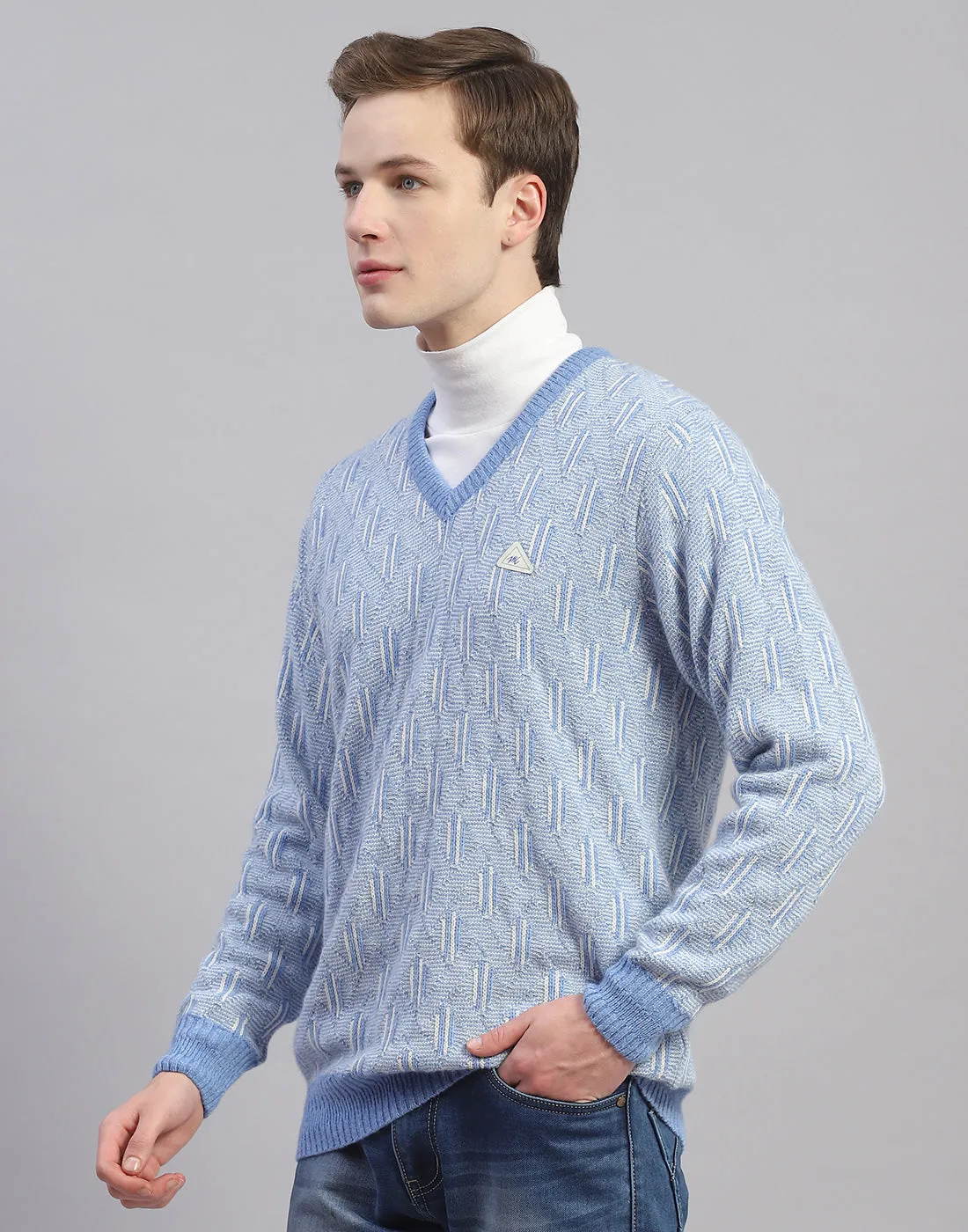 Men Blue Solid V Neck Full Sleeve Pullover