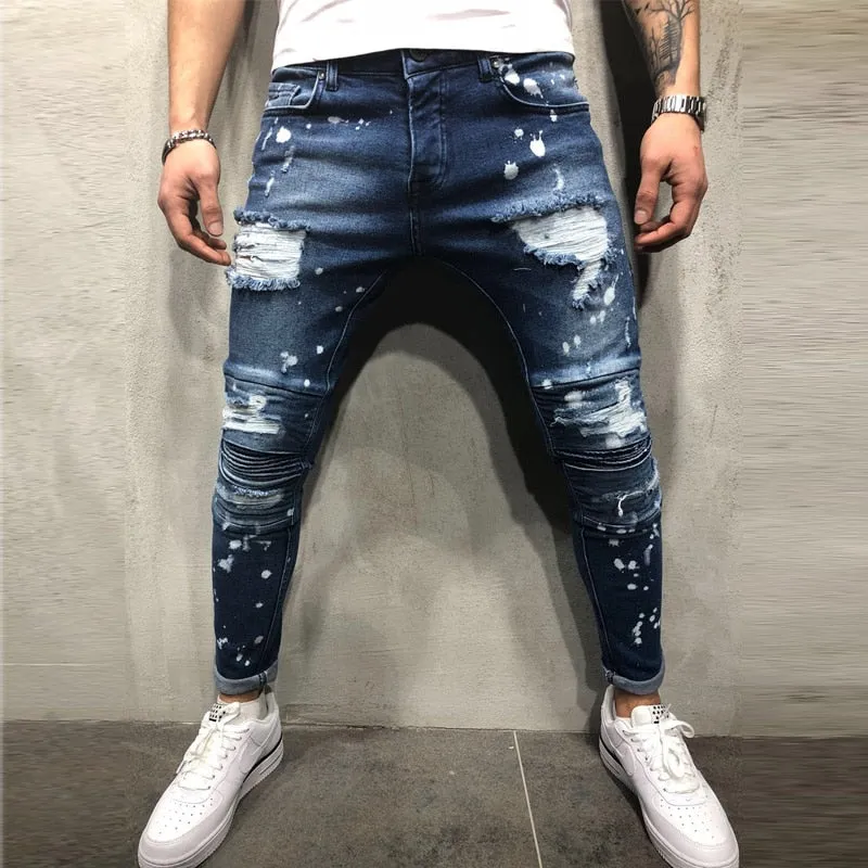 Men's Painted Skinny Slim Fit Ripped Denim Pants