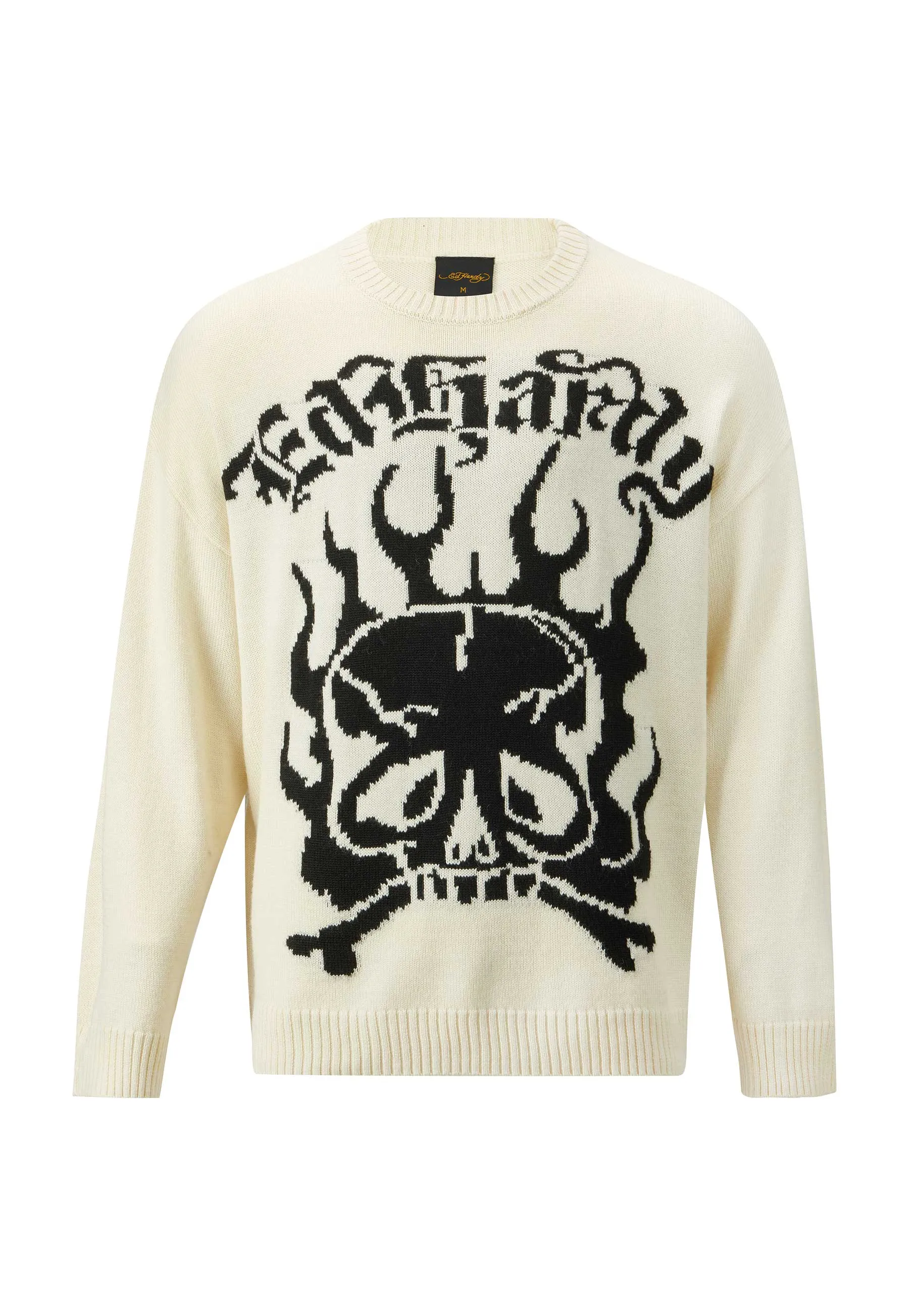 Mens Skull In Flames Jaquard Knitted Jumper - Ecru/Black