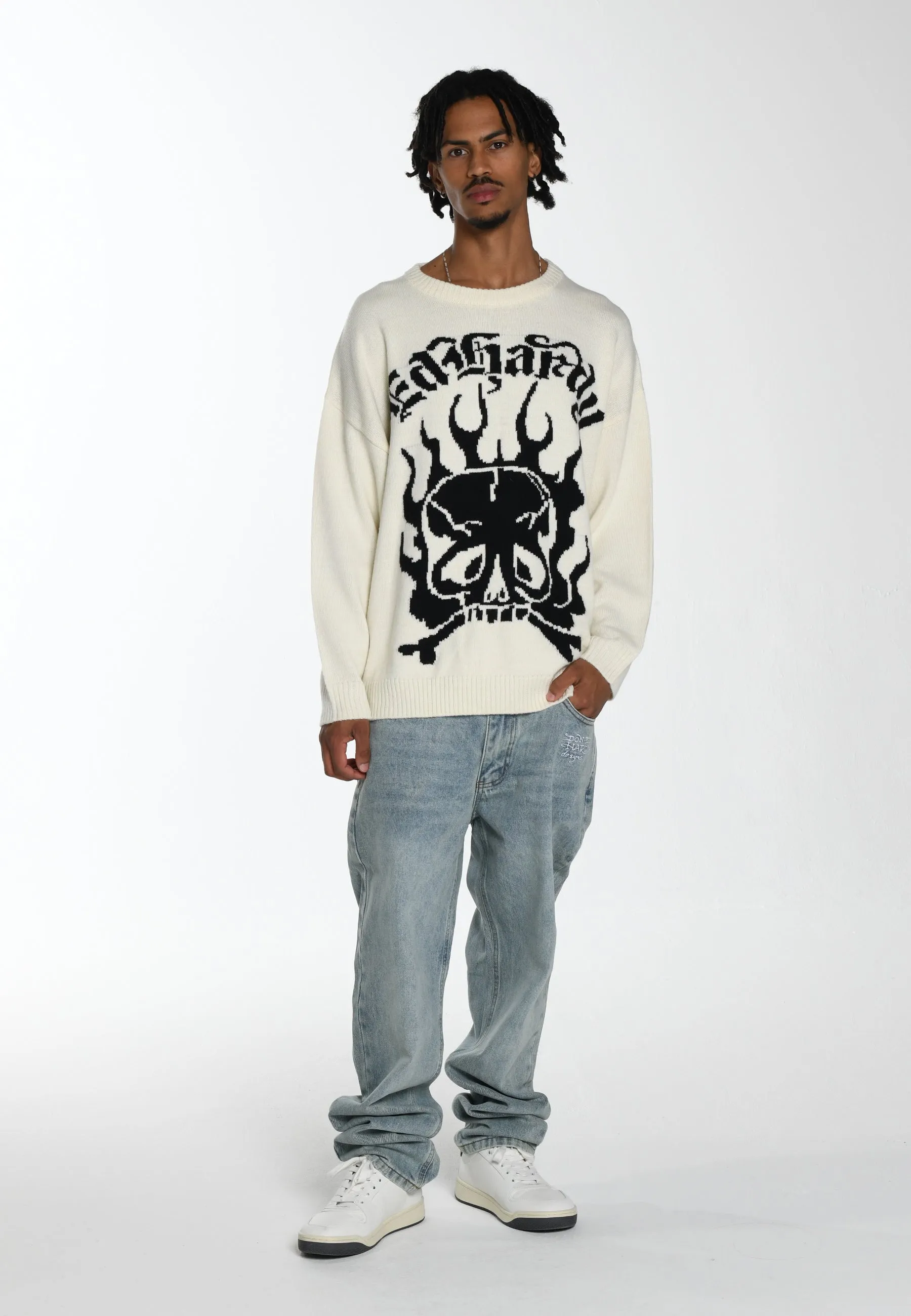 Mens Skull In Flames Jaquard Knitted Jumper - Ecru/Black